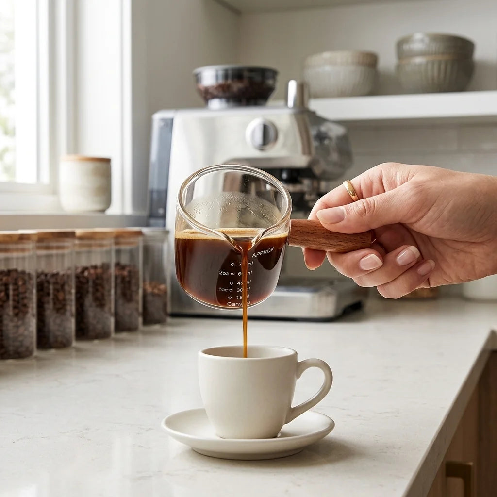 Glass Espresso Measuring Cup Wooden Handle 75ml